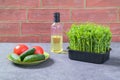 Sprouted peas in the kitchen. Fresh salad, tomatoes, cucumbers, oil. The concept of healthy eating. Brick wall Royalty Free Stock Photo