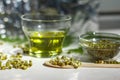 Sprouts of mung beans for salad, taste like young green peas. Close up. Vegetarian food, Lenten menu Royalty Free Stock Photo