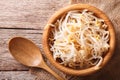 Sprouts of mung beans in a wooden bowl. horizontal top view Royalty Free Stock Photo