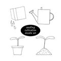 Sprouts, watering can, seeds sowing from a bag set icon, sticker. sketch hand drawn doodle style. monochrome minimalism. spring,