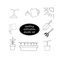 sprouts, watering can, seeds sowing from a bag, shovel, rake, sun set icon, sticker. sketch hand drawn doodle style Royalty Free Stock Photo