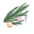 Spruce branch with Christmas decoration digital watercolor style illustration isolated on white. Pine tree, glass ball Royalty Free Stock Photo