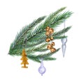 Spruce branch with Christmas decoration digital watercolor style illustration isolated on white. Wooden toy, glass ball Royalty Free Stock Photo