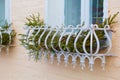 Spruce branches adorn the windowsills of windows outside. Christmas decorations of the old city street