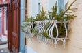 Spruce branches adorn the windowsills of windows outside. Christmas decorations of the old city street