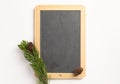 Spruce branches and blank blackboard, on a white background Royalty Free Stock Photo