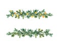 Spruce branches in decorative border. Simple Christmas tree twigs, stars. Fir, pine design