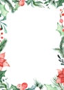 Watercolor Christmas rectangular frame with spruce branches, pine, holly, flowers, leaves, berries