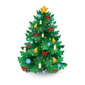 Spruce, fir or pine decorated with balls, baubles, star, candle, garland, mittens, boot, snowflake.