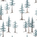 Spruce, fir trees silhouettes seamless pattern, forest background. Hand drawn vector illustration. Design concept for Royalty Free Stock Photo