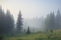 spruce forest with misty morning fog, the tranquil calm