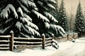 spruce forest in winter, with fluffy snow and wooden fence