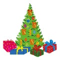 Spruce with gifts, toys and decorations for the New Year, painted in squares, pixels. Vector illustration Royalty Free Stock Photo