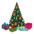 Spruce with gifts, toys and decorations for the New Year, painted in squares, pixels. Vector illustration Royalty Free Stock Photo