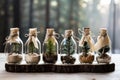 Spruce, pine and juniper seedlings in glass jars. Eco friendly Christmas gifts. Deforestation idea Royalty Free Stock Photo