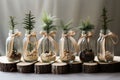 Conifer seedlings in glass jars. Eco friendly Christmas gifts. Sustainable concept. Copy space Royalty Free Stock Photo