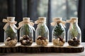 Spruce, pine and juniper seedlings in glass jars. Eco friendly Christmas gifts. Sustainable concept Royalty Free Stock Photo