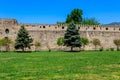 Spruce trees near ancient stone fortress wall inside of Svetitskhoveli church complex in Mtskheta, Georgia Royalty Free Stock Photo