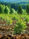 Spruce trees nursery or plantation, growing a young forest