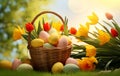 Egg-citing Easter Basket: A Colorful Display of Tulips and Eggs