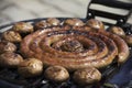 Spun round sausage grilled on a barbecue.