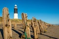 Spurn Point lighthouse and old wooden beach sea defences Royalty Free Stock Photo