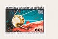 Sputnik 1 Orbiting the Earth Stamp with Unispace 82 Overprint Royalty Free Stock Photo