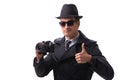 The spy with camera taking pictures isolated on white