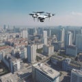 Spy digital vehicle quadrocopter flying under city. Military technology, buildings, civilian town, blue summer sky