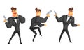 Spy Man in Black Leather Clothes with Gun Set, Secret Agent in Different Actions Vector Illustration Royalty Free Stock Photo