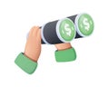 Spyglass 3D vector icon. Binoculars vector illustration, Searching money, finance opportunities, financial goal. Looking