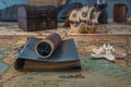 Spyglass and a leather-bound book lie on an old map against the background of a forged chest and a wooden model of a sailboat