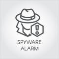 Spyware alarm icon in line design. Abstract human figure in hat and exclamation mark contour pictograph Spy outline sign