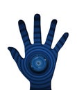 Spyware eyeball on ripple blue background in hand.