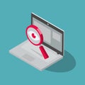 Spyware internet cyber attack symbol with spy magnifier and laptop computer, isolated on blue background