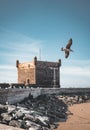 Sqala du Port, a defensive tower at the fishing port of Essaouira, Morocco near Marrakech. Blue sky with clouds and Royalty Free Stock Photo