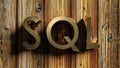 SQL brass write on wooden background - 3D rendering