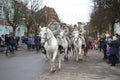 Squad of cavalry White army on a city street. Parade participants of the international military-historical festival `Civil war in