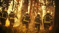 Squad of Volunteer Firefighters with Safety Equipment and Uniform Encircle a Raging Forest Fire Royalty Free Stock Photo