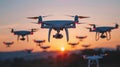 Squadron Of Drones With Cameras Hovering In The Evening Sky. Surveillance, Monitoring. AI Generated