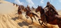 A squadron of Numidian cavalrymen riding through a sandy desert their horses expertly maneuvering around obstacles as