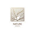 Square abstract tree emblem. Linear feather emblem