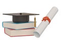 Square academic cap with books and diploma scroll isolated on white background. 3D illustration Royalty Free Stock Photo