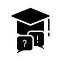 Square Academic Cap Silhouette Icon. Education FAQ Concept Glyph Pictogram. Exclamation Mark, Question Mark On Speech Royalty Free Stock Photo