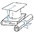 Square academic hat with a tassel on the book. Graduation. Diploma rolled into roll. Scroll with a ribbon. Vector illustration. Si