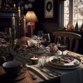 Square AI Generated picture of a Turkey Christmas dinner with contrasted and dtramatic light