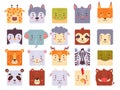 Square animal faces set for UI or mobile application. Cute kawaii avatars collection for kids game, simple head icons in Royalty Free Stock Photo