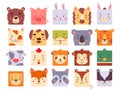 Square animal faces set for UI or mobile application. Cute kawaii avatars collection for kids game, simple head icons in