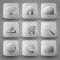 Square application transparent glass buttons or app icon banners with gloss reflection effect. Icons for Business and