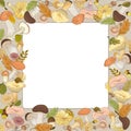 Square autumn frame of forest mushrooms with autumn leaves. Vector illustration